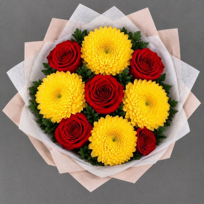 Букет желтых хризантем и красных роз , фото 2