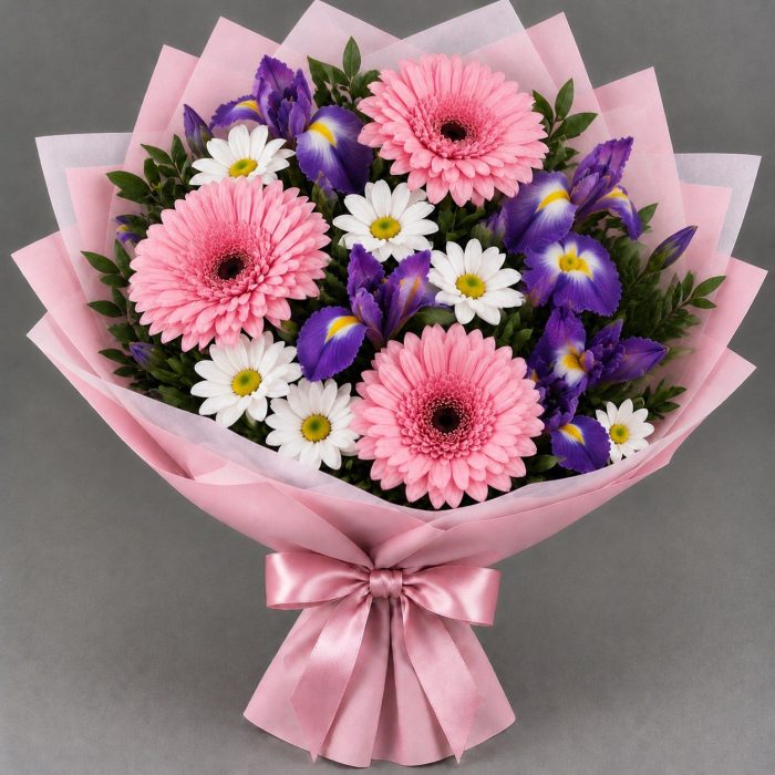 Букет из розовых гербер, ирисов и ромашек